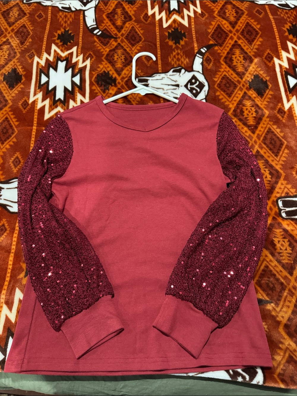 Amazon Girls Burgundy Long Sleeve Top with Sequin Knit Sleeves